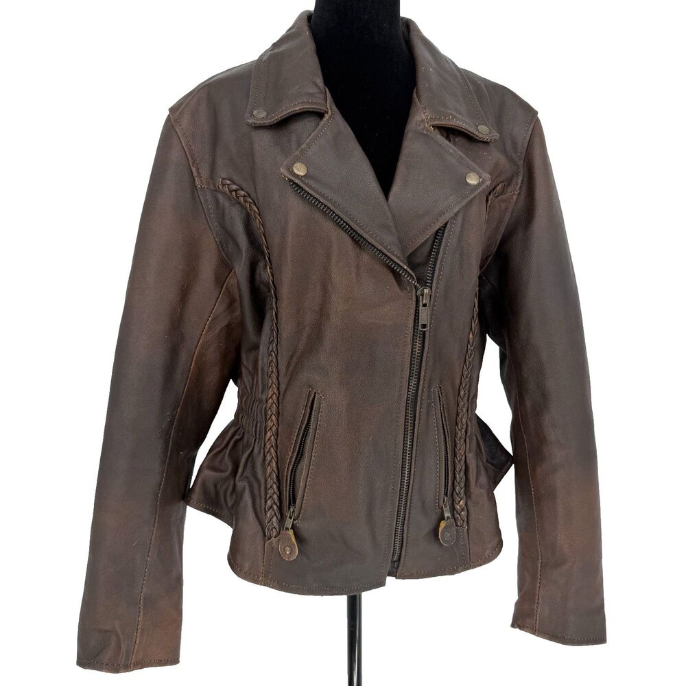 Vintage Brown Genuine Leather Motorcycle Jacket Womens L Distressed Aged Thick